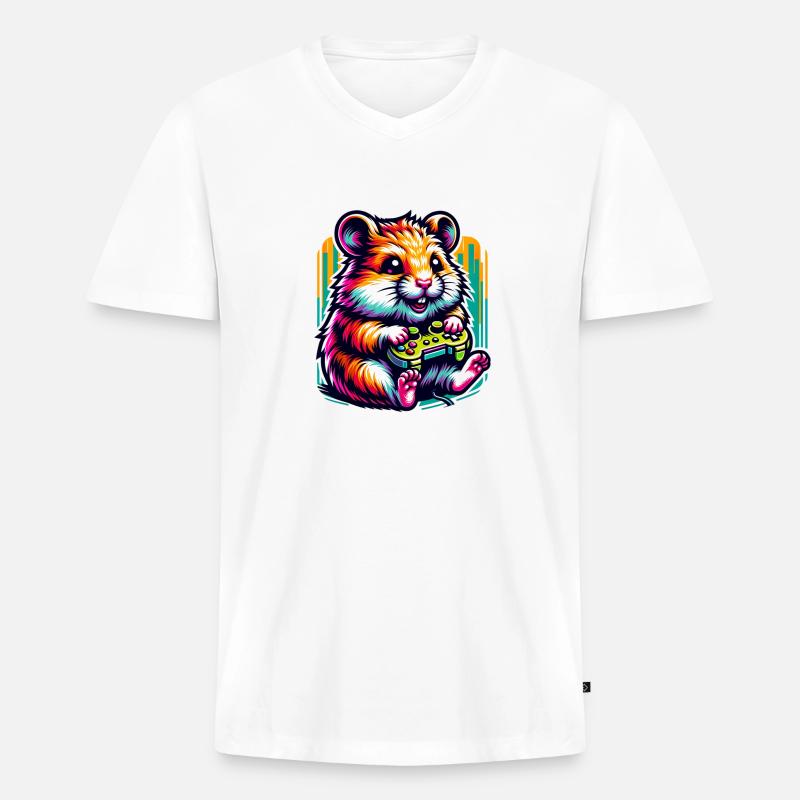 Spielender Hamster Mit Controller - Männer Premium Bio T-Shirt mit V-Ausschnitt - Weiß