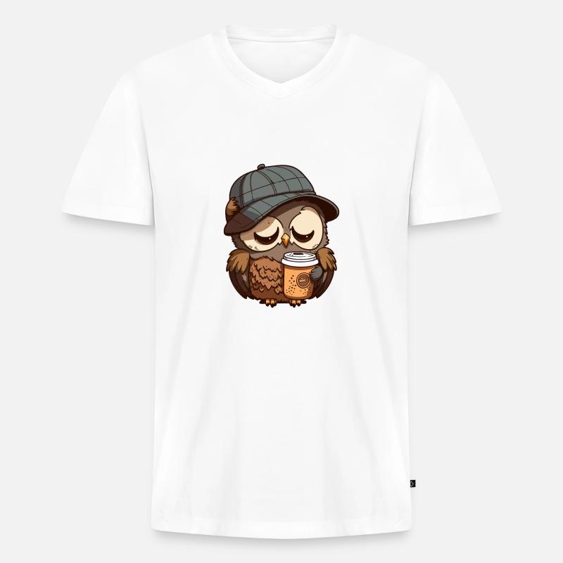 Müde Eule mit einem Kaffeebecher - Männer Premium Bio T-Shirt mit V-Ausschnitt - Weiß