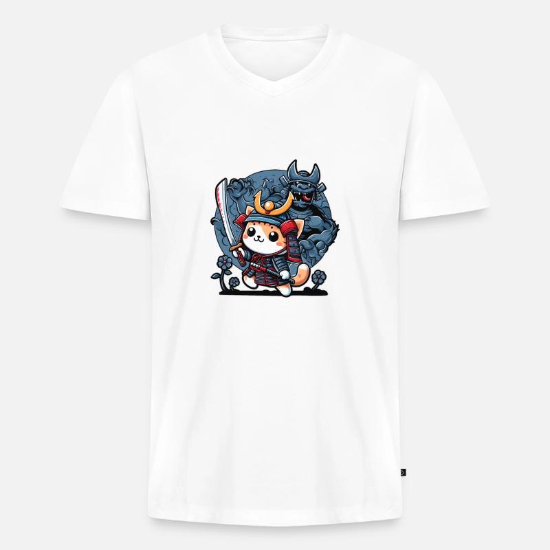 Samurai-Ninja-Katze und Monster dahinter - Männer Premium Bio T-Shirt mit V-Ausschnitt - Weiß