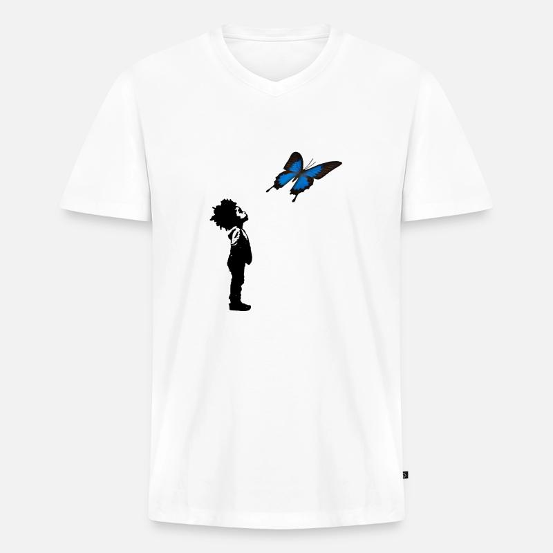 Der Junge und der Schmetterling - Männer Premium Bio T-Shirt mit V-Ausschnitt - Weiß
