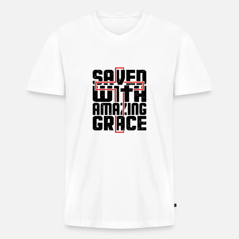 Saved with amazing grace - Männer Premium Bio T-Shirt mit V-Ausschnitt - Weiß