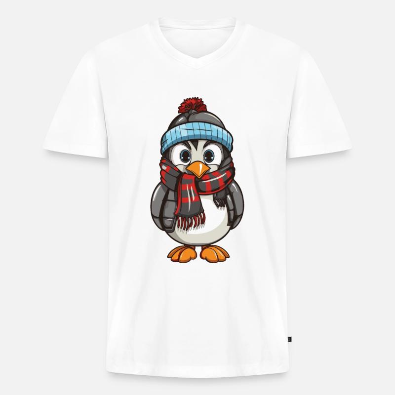 Pinguin Comic Winter - Männer Premium Bio T-Shirt mit V-Ausschnitt - Weiß