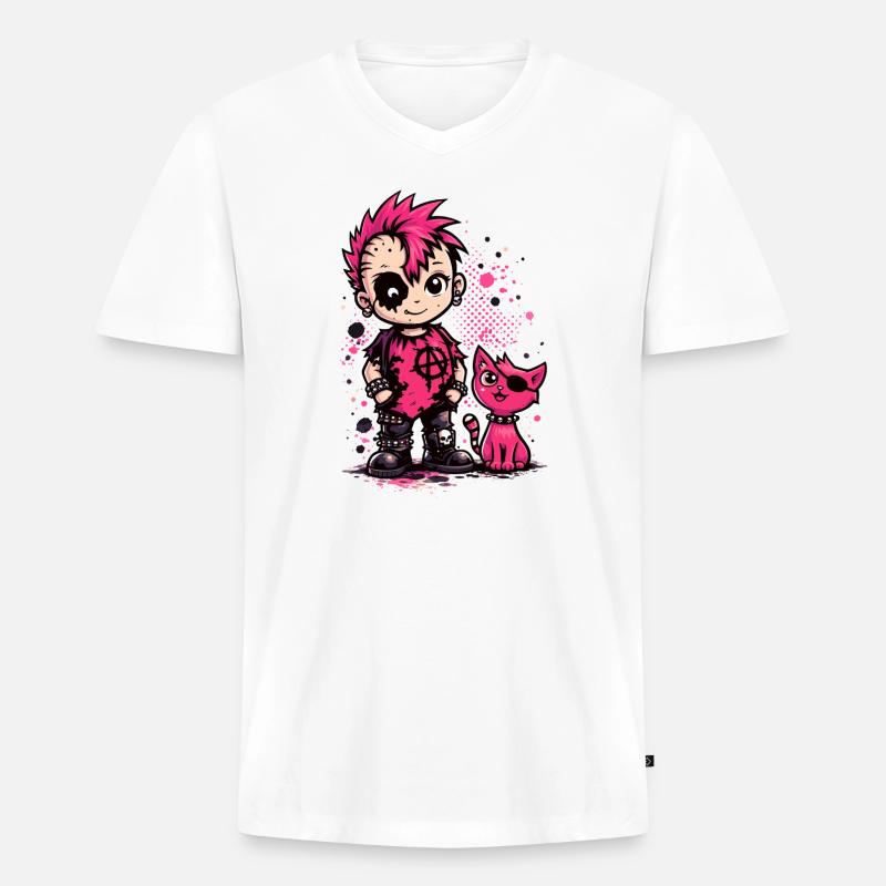 Punk Kid mit pinker Katze - Männer Premium Bio T-Shirt mit V-Ausschnitt - Weiß