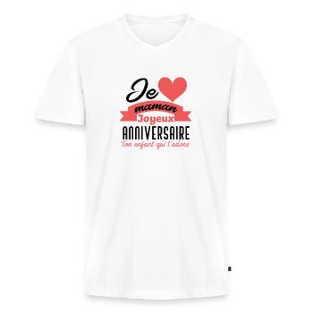 Joyeux anniversaire maman - T-shirt encolure en V Premium bio Homme - blanc - Devant - Nico (187cm)