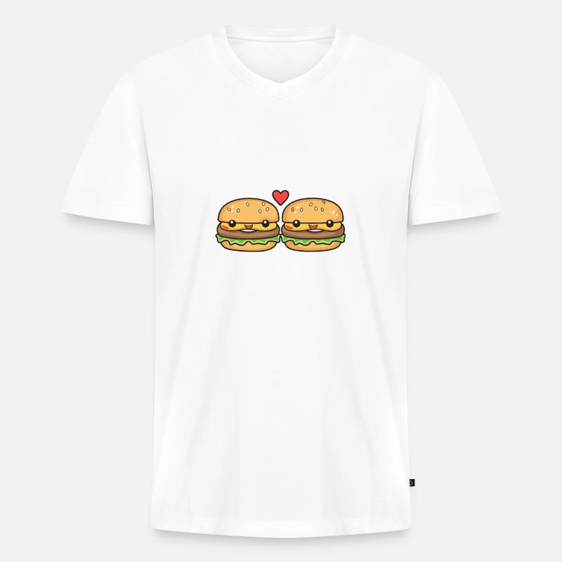 Burger Paar Liebe Herz Comic - Männer Premium Bio T-Shirt mit V-Ausschnitt - Weiß
