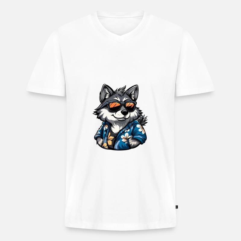Wolf Comic Urlaub - Männer Premium Bio T-Shirt mit V-Ausschnitt - Weiß