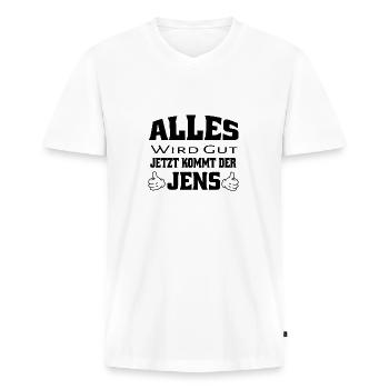 Alles wird gut - Jetzt kommt der Jens - Männer Premium Bio T-Shirt mit V-Ausschnitt - Weiß - Vorne - Nico (187cm)