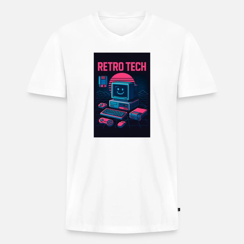 Retro Tech Computer Grafikdesigner mit Lächeln - Männer Premium Bio T-Shirt mit V-Ausschnitt - Weiß
