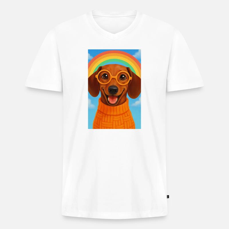 Glücklicher Hund mit Brille und Regenbogen - Männer Premium Bio T-Shirt mit V-Ausschnitt - Weiß