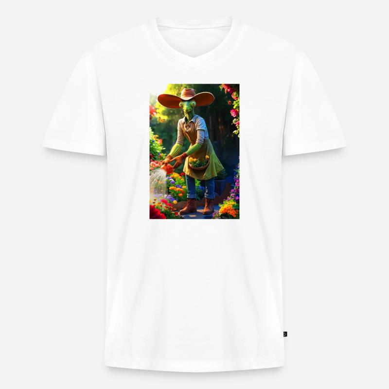 Humanoide Gartenmantis mit Scheunenhut - Männer Premium Bio T-Shirt mit V-Ausschnitt - Weiß