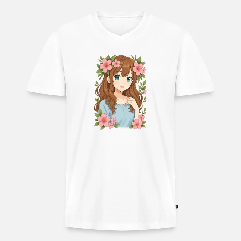 Blütenkranz Anime Mädchen - Männer Premium Bio T-Shirt mit V-Ausschnitt - Weiß