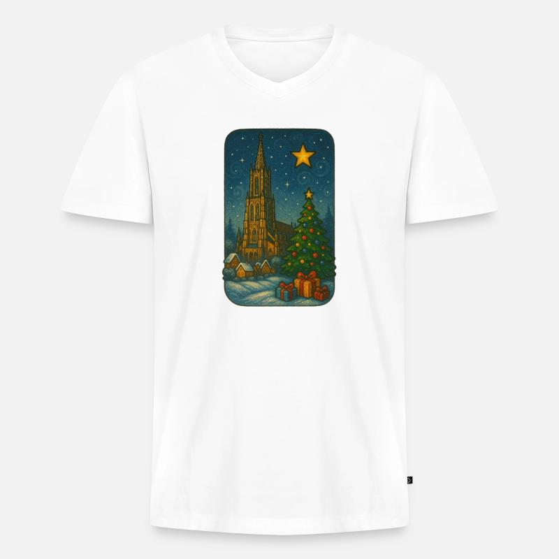 Winterlicher Kirchenplatz mit Weihnachtsbaum - Männer Premium Bio T-Shirt mit V-Ausschnitt - Weiß