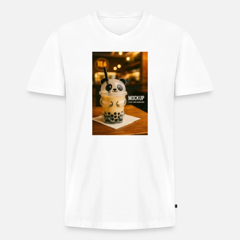 Panda Bubble Tea Cup Illustration - Männer Premium Bio T-Shirt mit V-Ausschnitt - Weiß