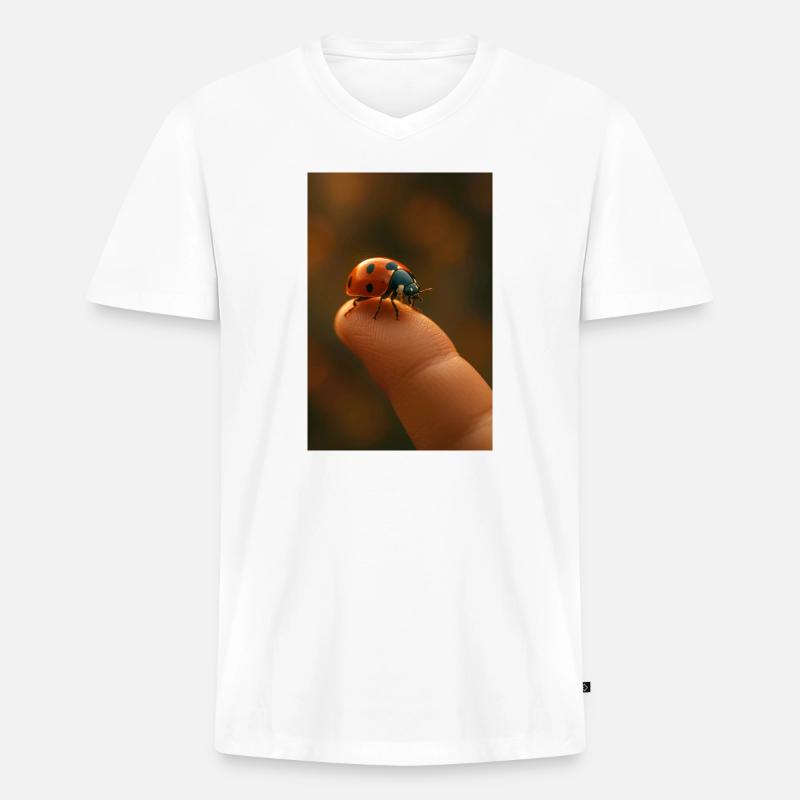 Fingerspitze mit Marienkäfer im Makro - Männer Premium Bio T-Shirt mit V-Ausschnitt - Weiß