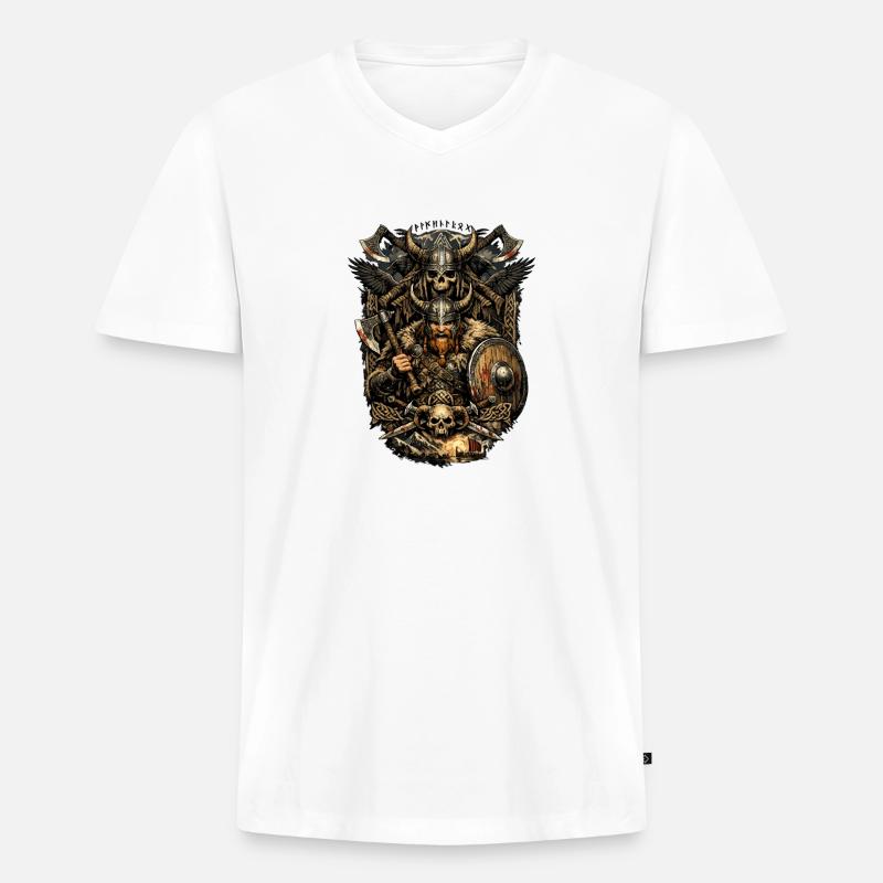 Viking Krieger mit Schädel und Äxten - Männer Premium Bio T-Shirt mit V-Ausschnitt - Weiß