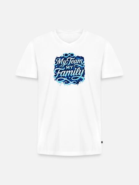 Mon équipe, ma famille Script néon - T-shirt encolure en V Premium bio Homme - blanc