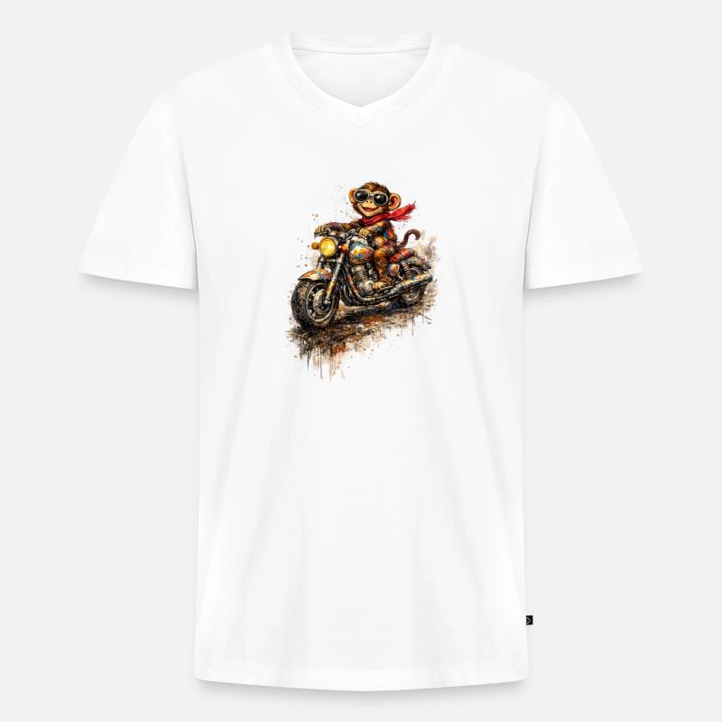 Affe auf bunter Motorradfahrt - Männer Premium Bio T-Shirt mit V-Ausschnitt - Weiß