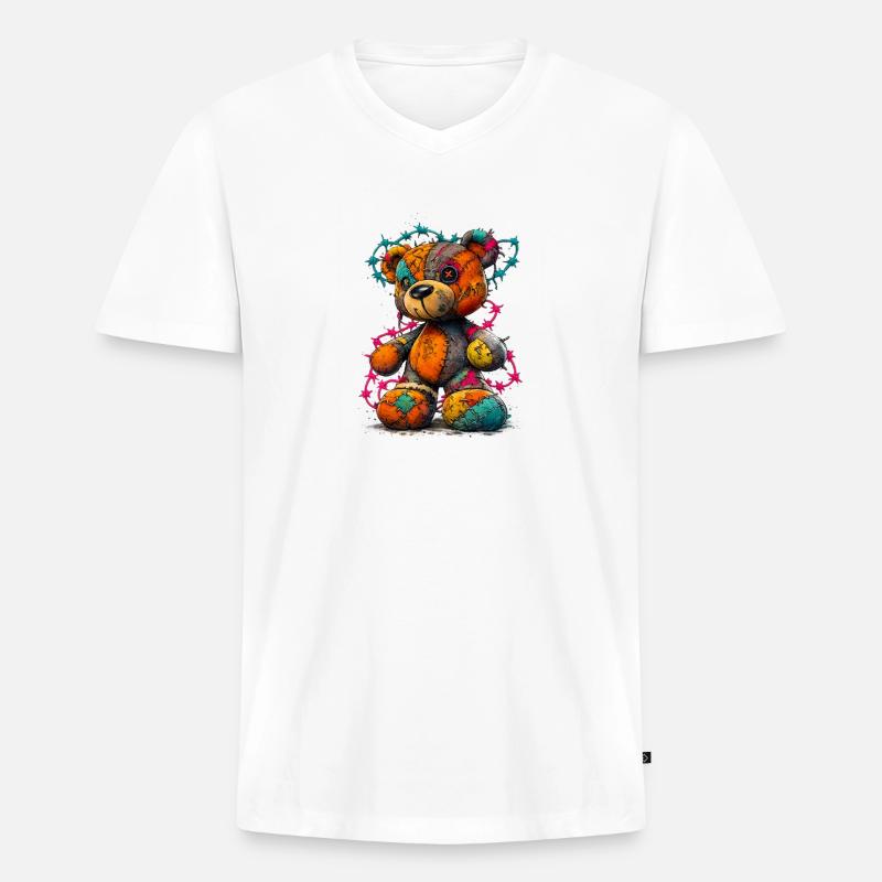 Patchwork Teddybär mit Neonfäden - Männer Premium Bio T-Shirt mit V-Ausschnitt - Weiß