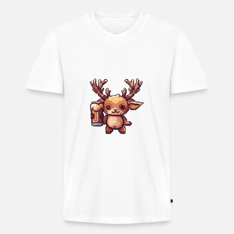 Hirsch Bier Pixel - Männer Premium Bio T-Shirt mit V-Ausschnitt - Weiß
