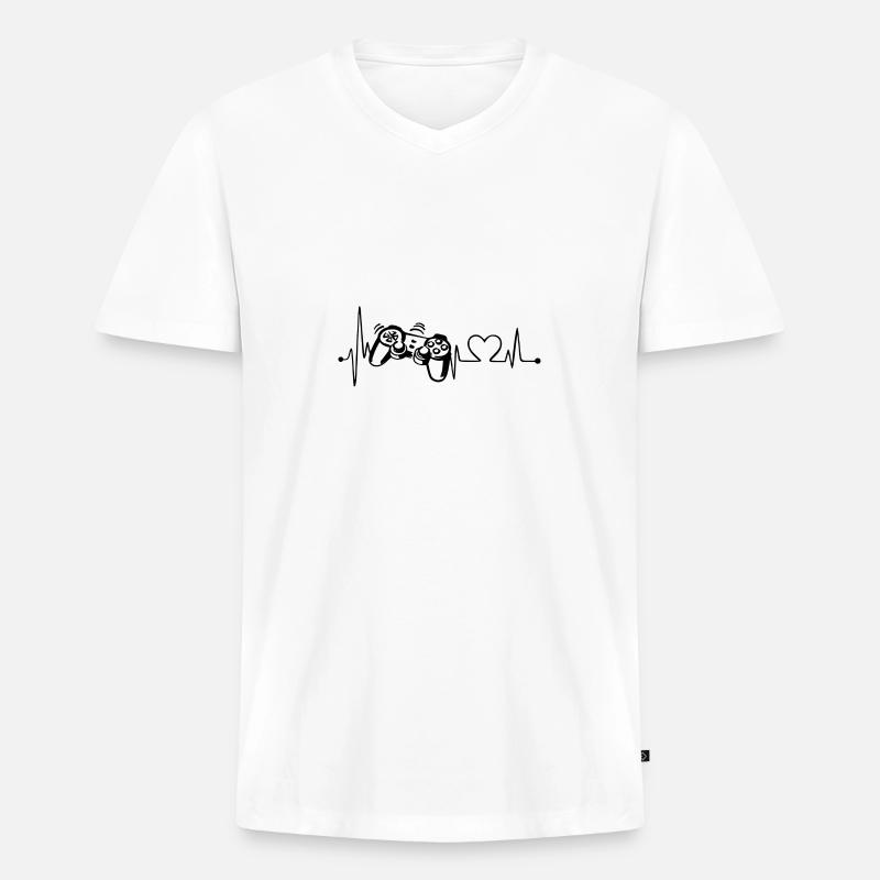Herzlinie / Herzschlag - Gamecontroller schwarz - Männer Premium Bio T-Shirt mit V-Ausschnitt - Weiß