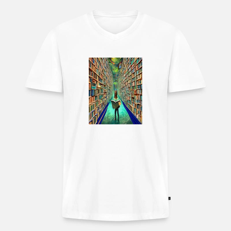 "Die Bücherei der Zeit" - Männer Premium Bio T-Shirt mit V-Ausschnitt - Weiß