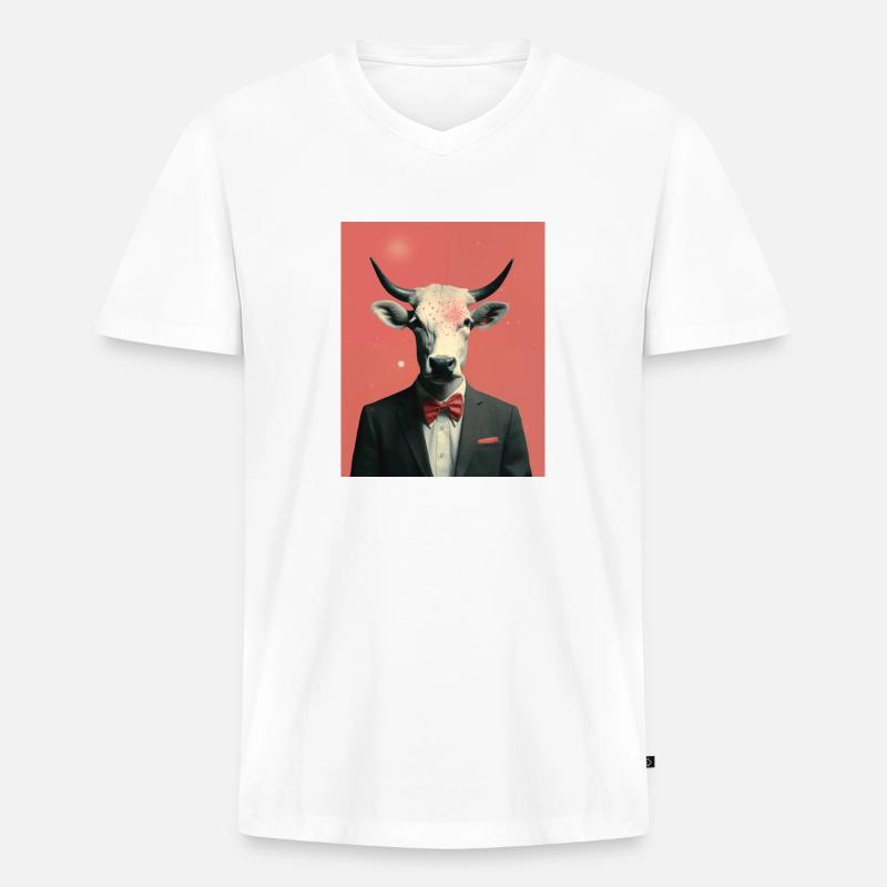 Mann Kuh surreale Collage - Männer Premium Bio T-Shirt mit V-Ausschnitt - Weiß