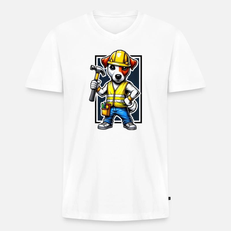 Jack Russell Terrier Bauarbeiter - Männer Premium Bio T-Shirt mit V-Ausschnitt - Weiß