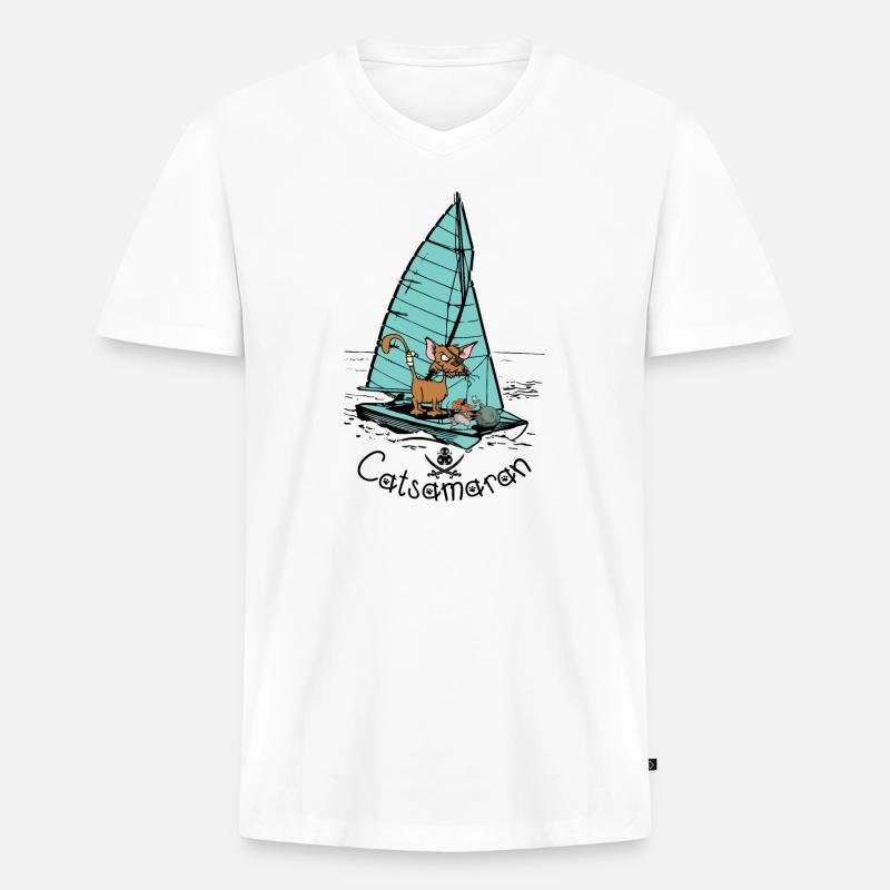 Katzamaran Katzen Boot - Männer Premium Bio T-Shirt mit V-Ausschnitt - Weiß