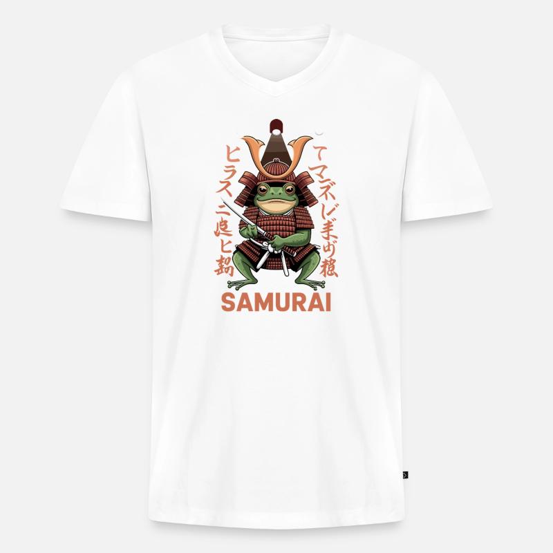  Samurai Frosch Krieger Illustration mit - Männer Premium Bio T-Shirt mit V-Ausschnitt - Weiß
