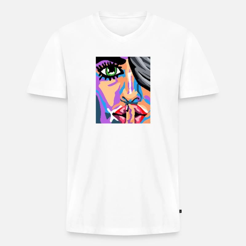 Pixel Gesicht Kunst - Männer Premium Bio T-Shirt mit V-Ausschnitt - Weiß