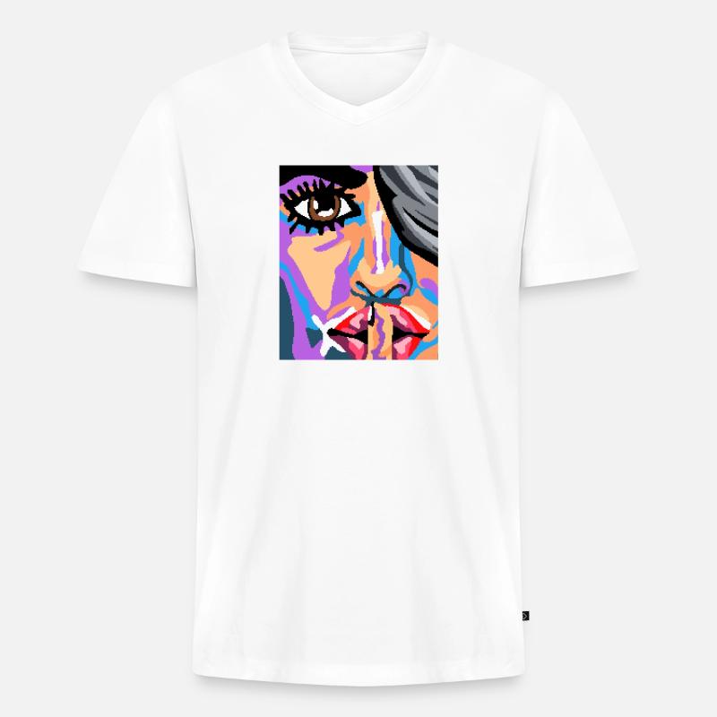 Gesicht im Pixel Style - Männer Premium Bio T-Shirt mit V-Ausschnitt - Weiß
