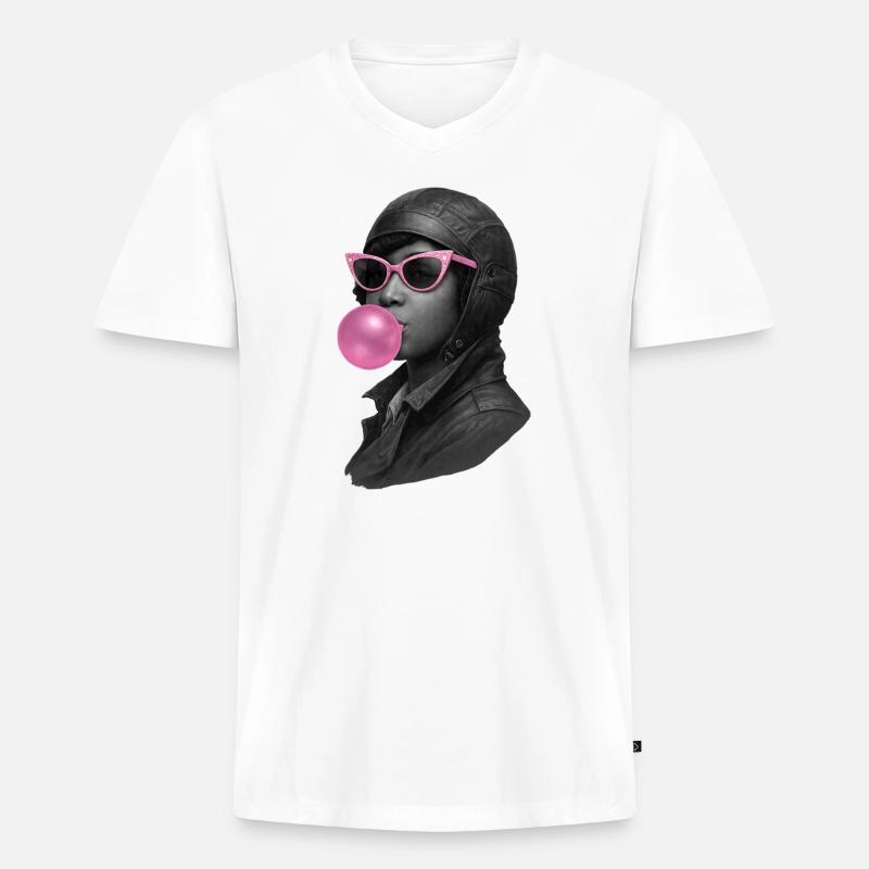 Bessie Coleman con occhiali da sole rosa e gomma da masticare - Maglietta ecologica premium da uomo con scollo a V - bianco