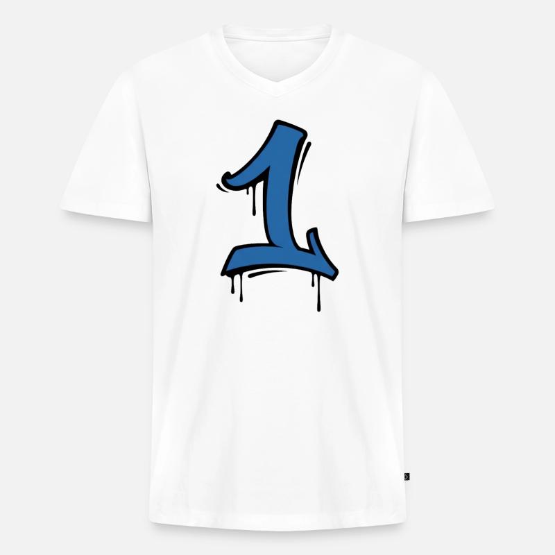 Graffiti Eins Neonblau - Männer Premium Bio T-Shirt mit V-Ausschnitt - Weiß
