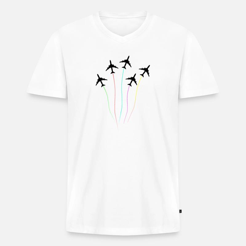 Regenbogen Flugzeug Kunst T-Shirt - Männer Premium Bio T-Shirt mit V-Ausschnitt - Weiß