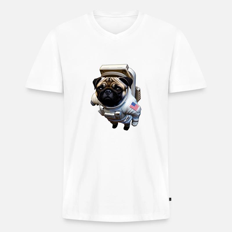 Mops treibend im Weltall - Männer Premium Bio T-Shirt mit V-Ausschnitt - Weiß