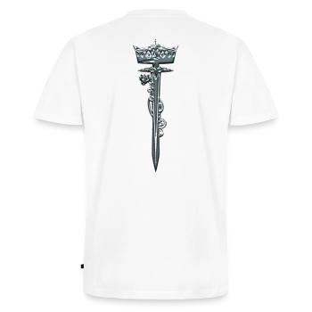 sword krown - Men's Premium Organic T-shirt with V-neck - white - Back - Nico (187cm)