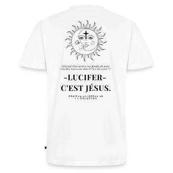Lucifer c'est Jesus - T-shirt encolure en V Premium bio Homme - blanc - Dos - Nico (187cm)