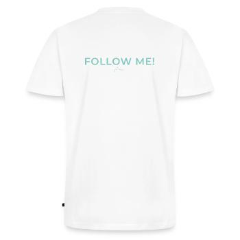 Human Design Manifestor "Follow Me! Please." - Männer Premium Bio T-Shirt mit V-Ausschnitt - Weiß - Hinten - Nico (187cm)