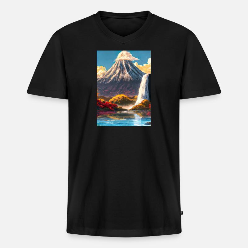 Japan Tower Wasserfall Gemälde - Männer Premium Bio T-Shirt mit V-Ausschnitt - Schwarz