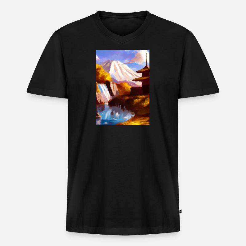 Japan Tower Wasserfall Gemälde - Männer Premium Bio T-Shirt mit V-Ausschnitt - Schwarz