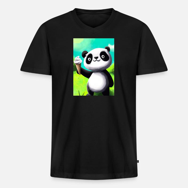 Panda mit Eiscreme - Männer Premium Bio T-Shirt mit V-Ausschnitt - Schwarz