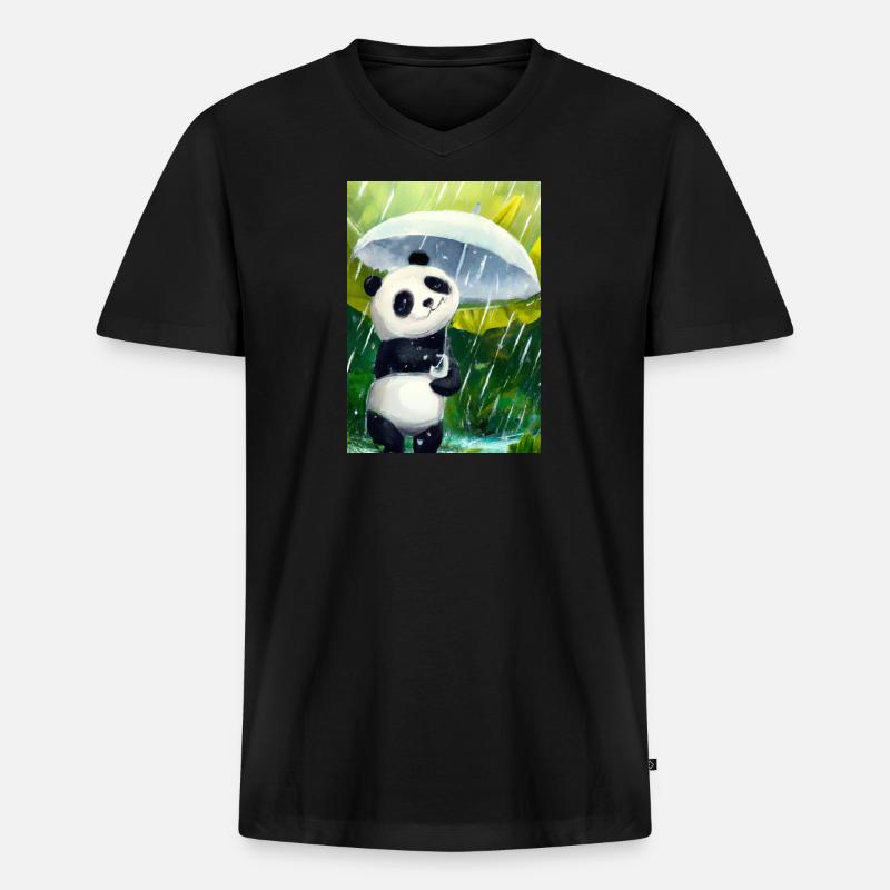 Panda mit Blattschirm - Männer Premium Bio T-Shirt mit V-Ausschnitt - Schwarz