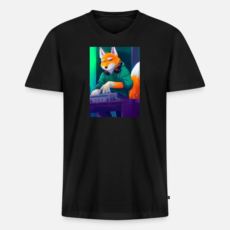 Fox am DJ-Pult - Männer Premium Bio T-Shirt mit V-Ausschnitt - Schwarz