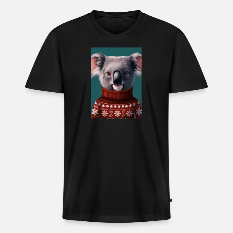 Koala im Weihnachtspullover - Männer Premium Bio T-Shirt mit V-Ausschnitt - Schwarz