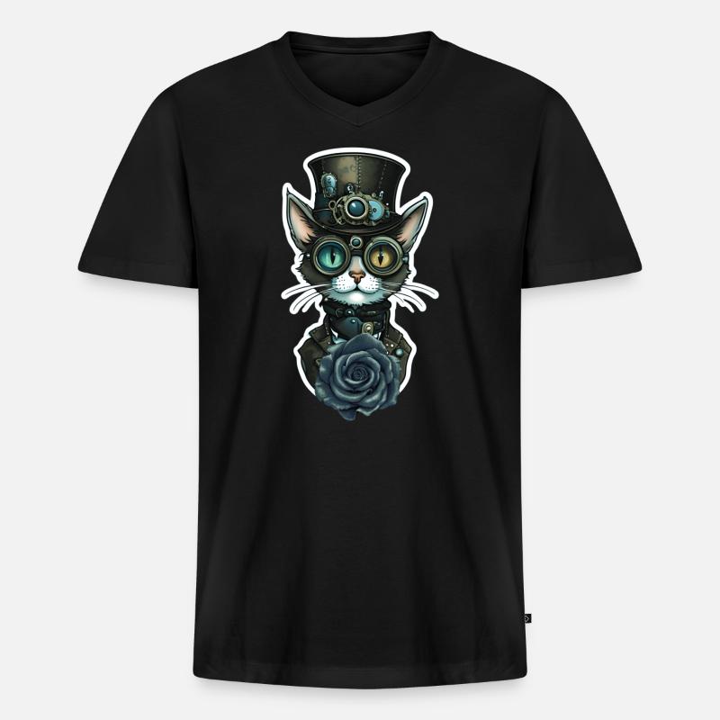 Steampunk Katze schwarze Rose Gothic - Männer Premium Bio T-Shirt mit V-Ausschnitt - Schwarz