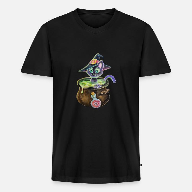 Hexenkatze im Topf - Männer Premium Bio T-Shirt mit V-Ausschnitt - Schwarz