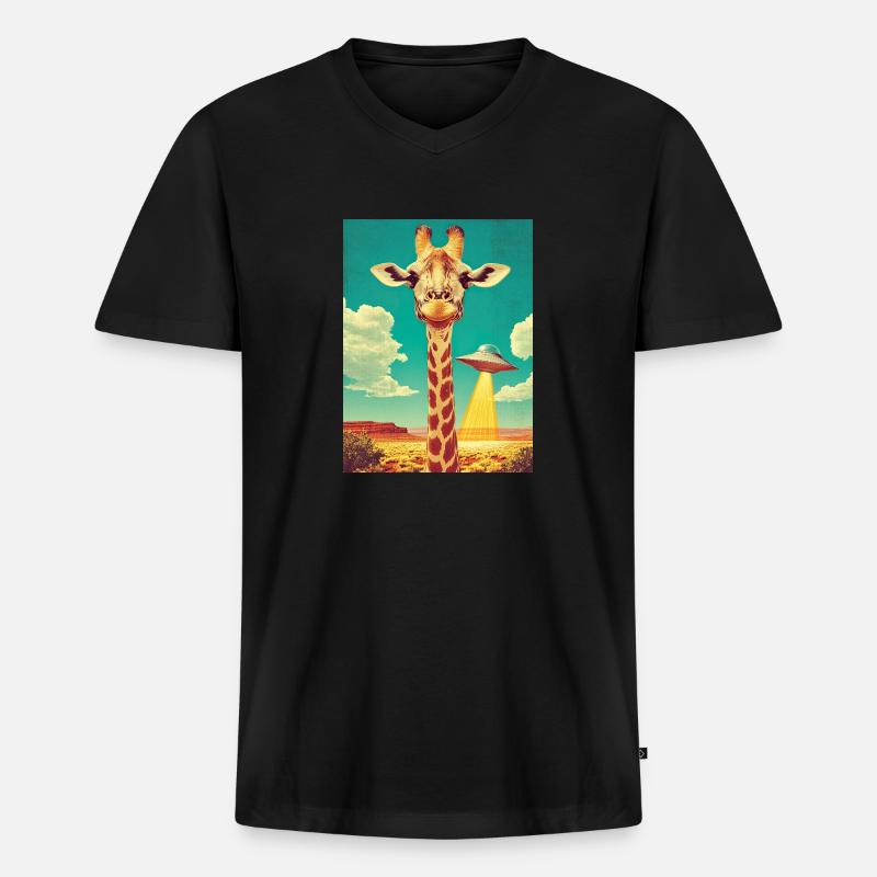 Retro Giraffe mit UFO - Männer Premium Bio T-Shirt mit V-Ausschnitt - Schwarz