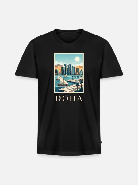 Doha Waterfront Cityscape Katar Reiseplakat - Männer Premium Bio T-Shirt mit V-Ausschnitt - Schwarz