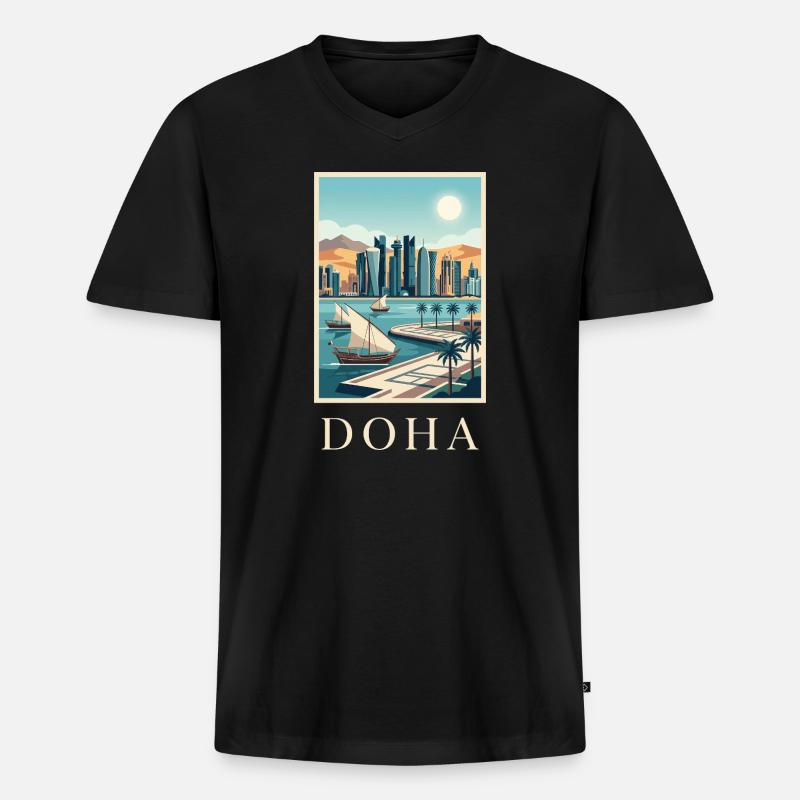 Doha Waterfront Cityscape Katar Reiseplakat - Männer Premium Bio T-Shirt mit V-Ausschnitt - Schwarz