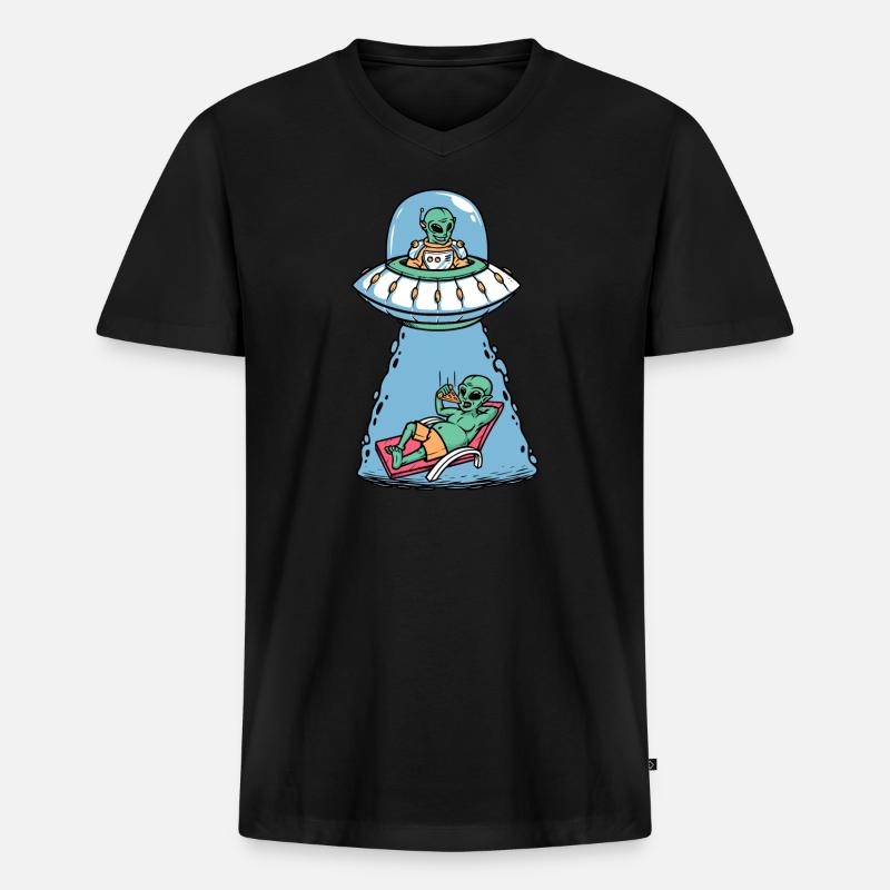 Alien isst Pizza - Männer Premium Bio T-Shirt mit V-Ausschnitt - Schwarz